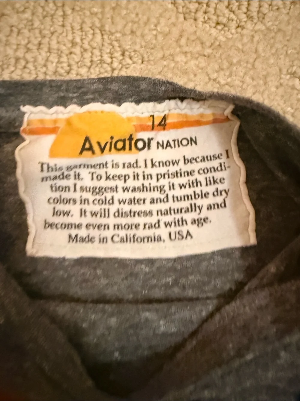 Aviator Nation Grey Tee with Blue Logo and Red-Orange-Yellow Stripe